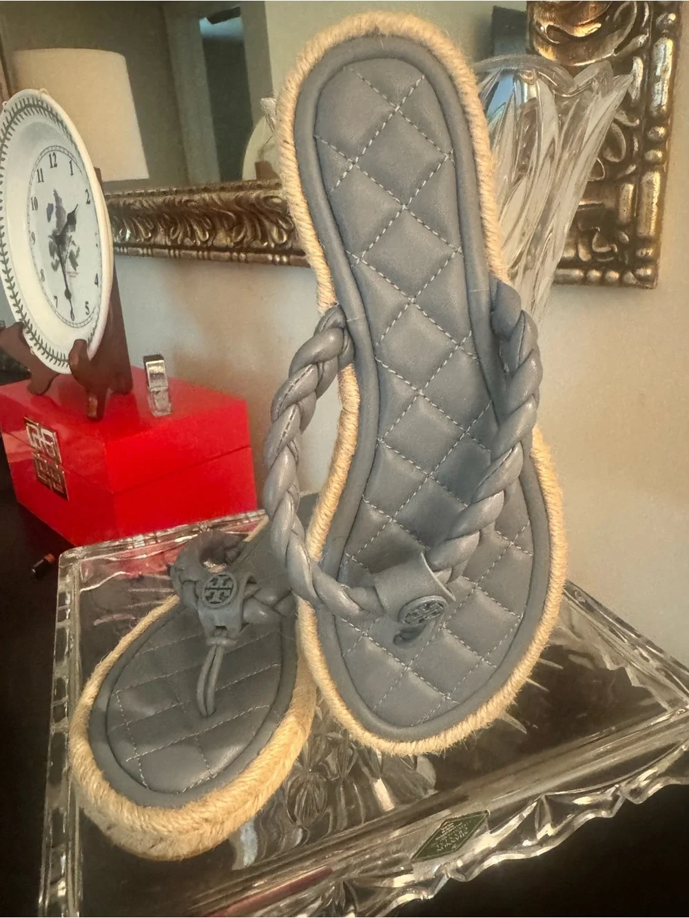 Tory Burch Gray Braided Leather Espadrille Flip Flops